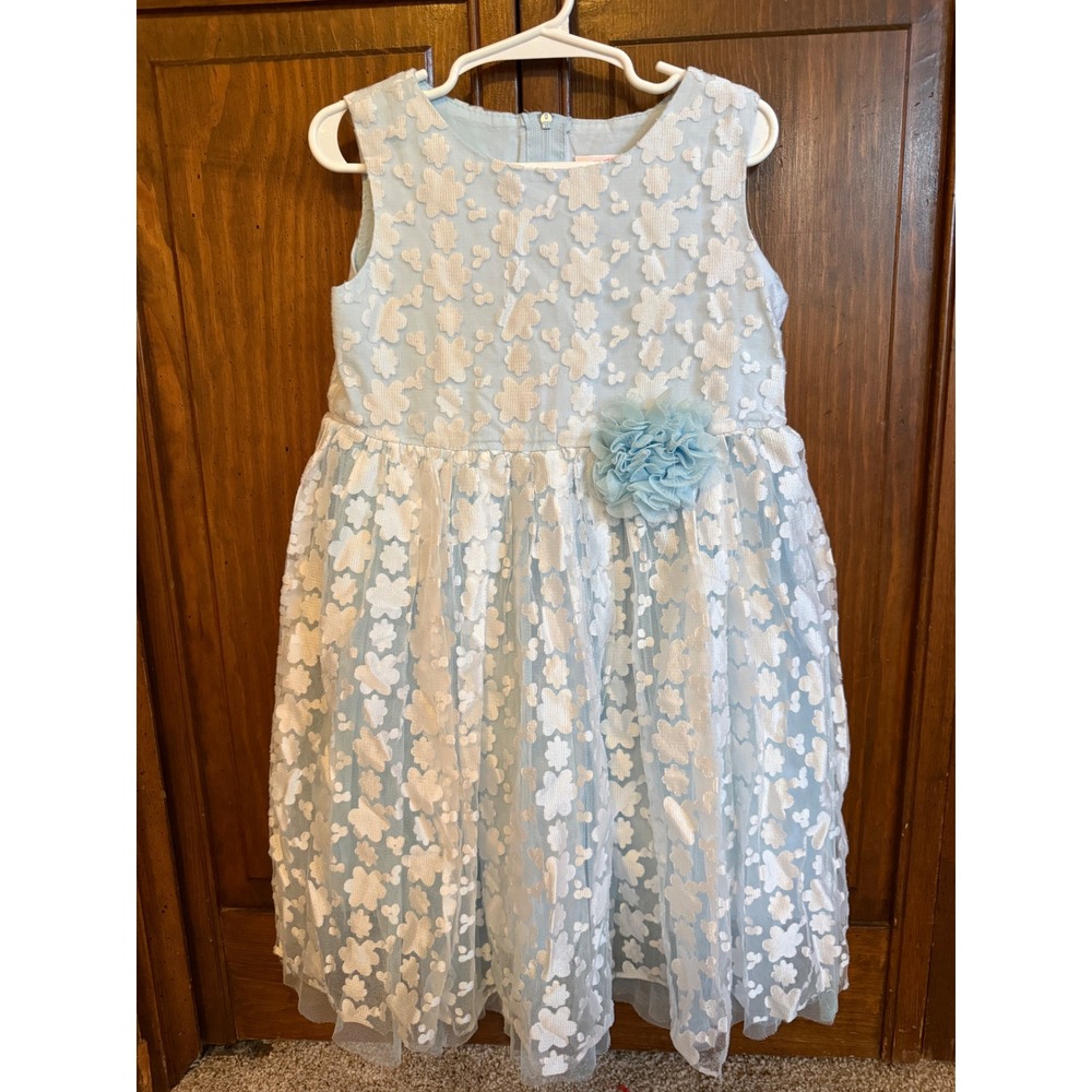 Popatu Kids Light Blue Floral Mesh Sleeveless Party Dress Size 5/6